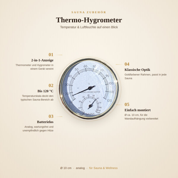 Sauna Thermo-Hygrometer – Thermometer & Hygrometer (analog, Ø 10 cm)